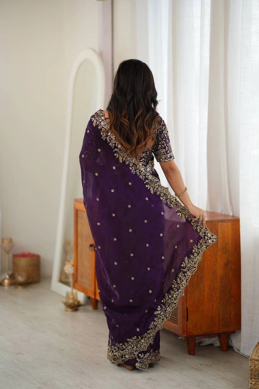 Dark Purple Sequins Embroidered with Thread Work Saree back view